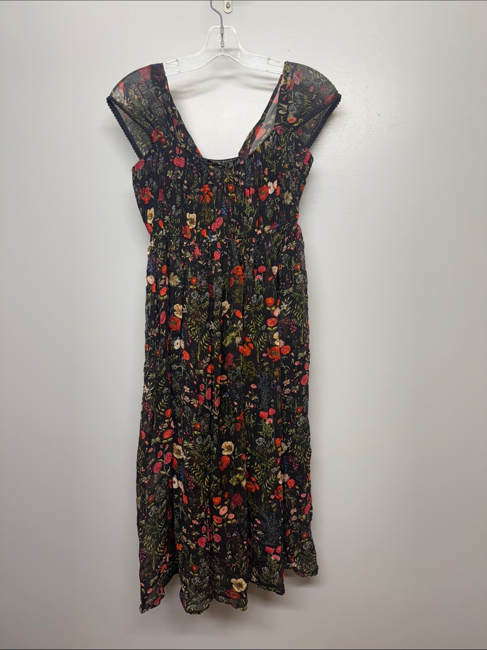 Anthropologie Payal Jain Black Floral Midi Dress with Multicolor Blooms
